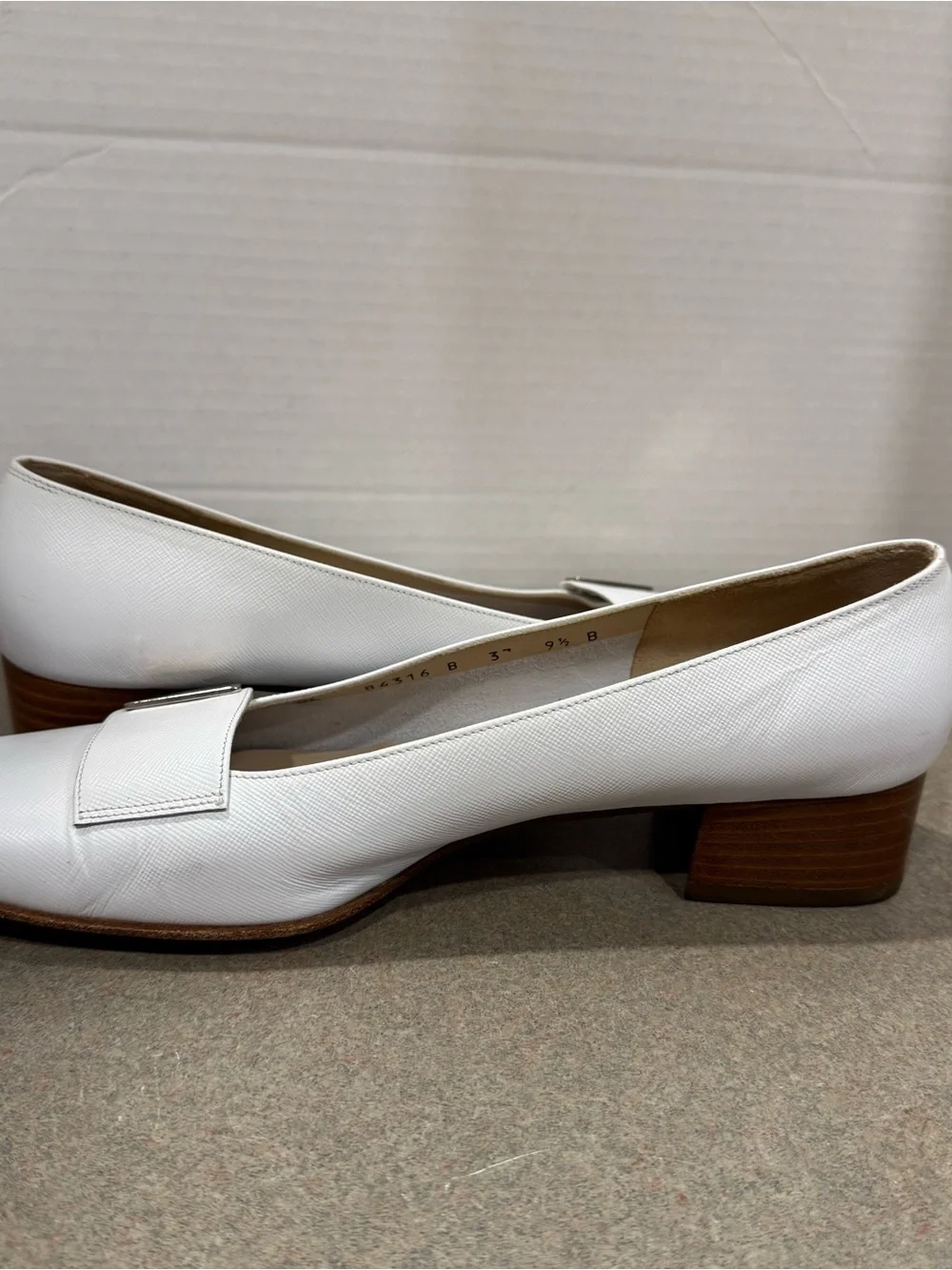 Salvatore Ferragamo White Leather Low Block Heel Loafers with Silver Buckle